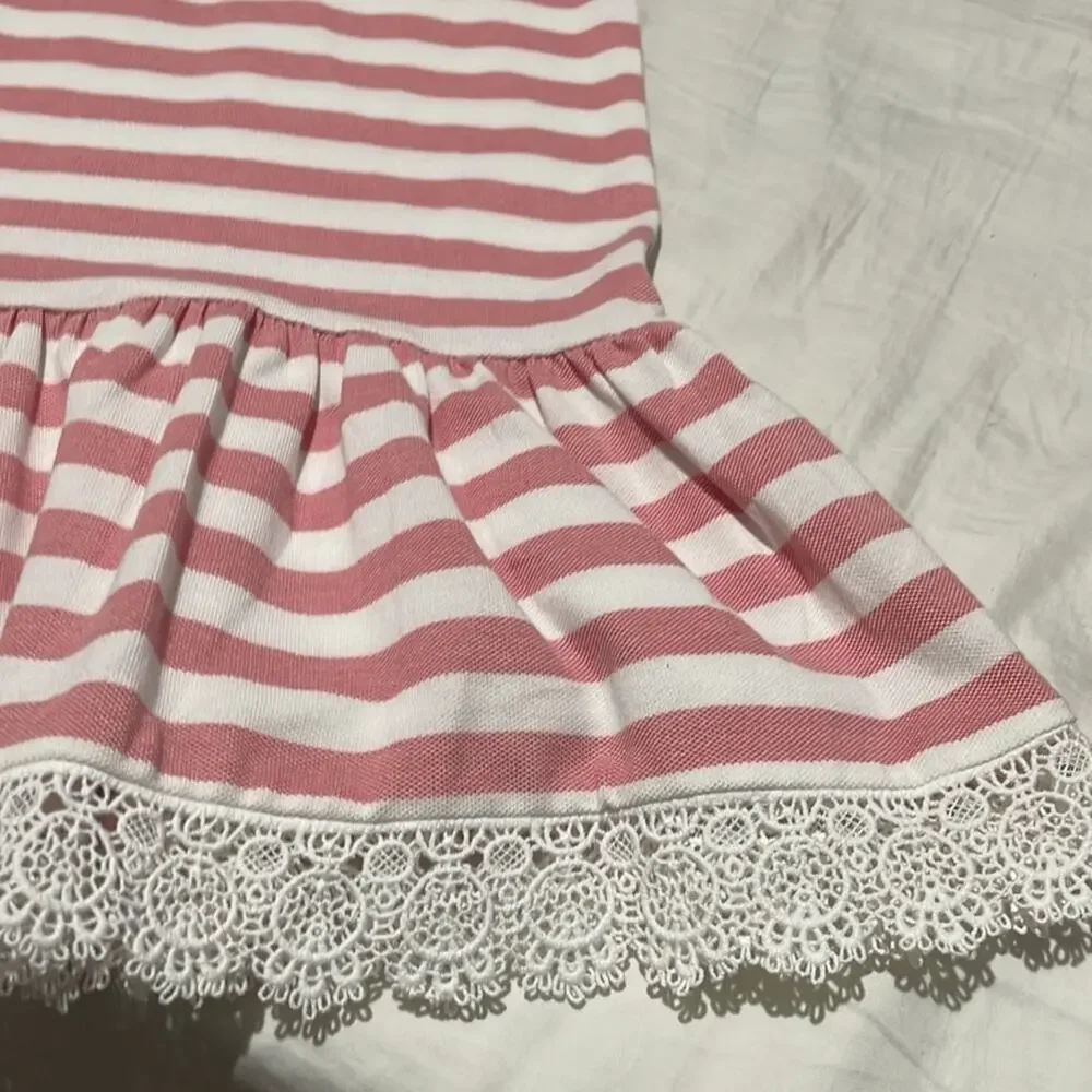 Ralph Lauren 6x faded red white stripe drop waist dress ruffled lace hem nwt